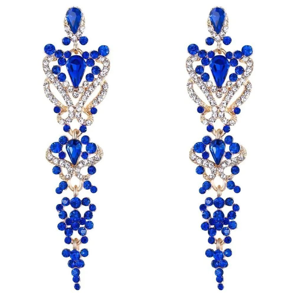 Yellow Gold Sapphire Diamond Austrian Crystal Floral Knot Chandelier Earrings